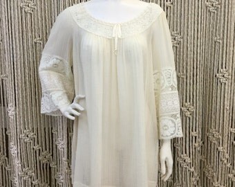 Gorgeous 1970's Saks Fifth Avenue gauzy cream lace detail tunic dress
