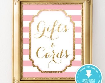 Pink and Gold Baby Shower Sign - Gift & Cards party sign - Gold Glitter Baby Shower - Gold Glitter Printable - Girl Baby Shower Printable