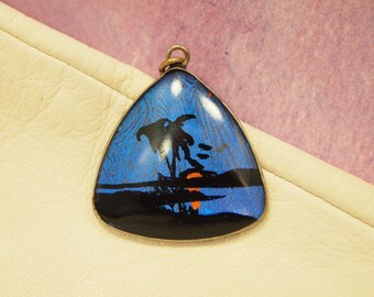 Vintage Morpho Butterfly Wing Pendant / Charm - Hand Painted Tropical Sunset - Silver Metal Frame - 1" triangle