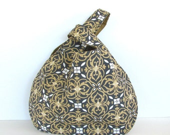 Knot Bag, Handbag, Knitting Project Bag, Knitters Gift or Diaper Bag, Gold Grey Tote Bag