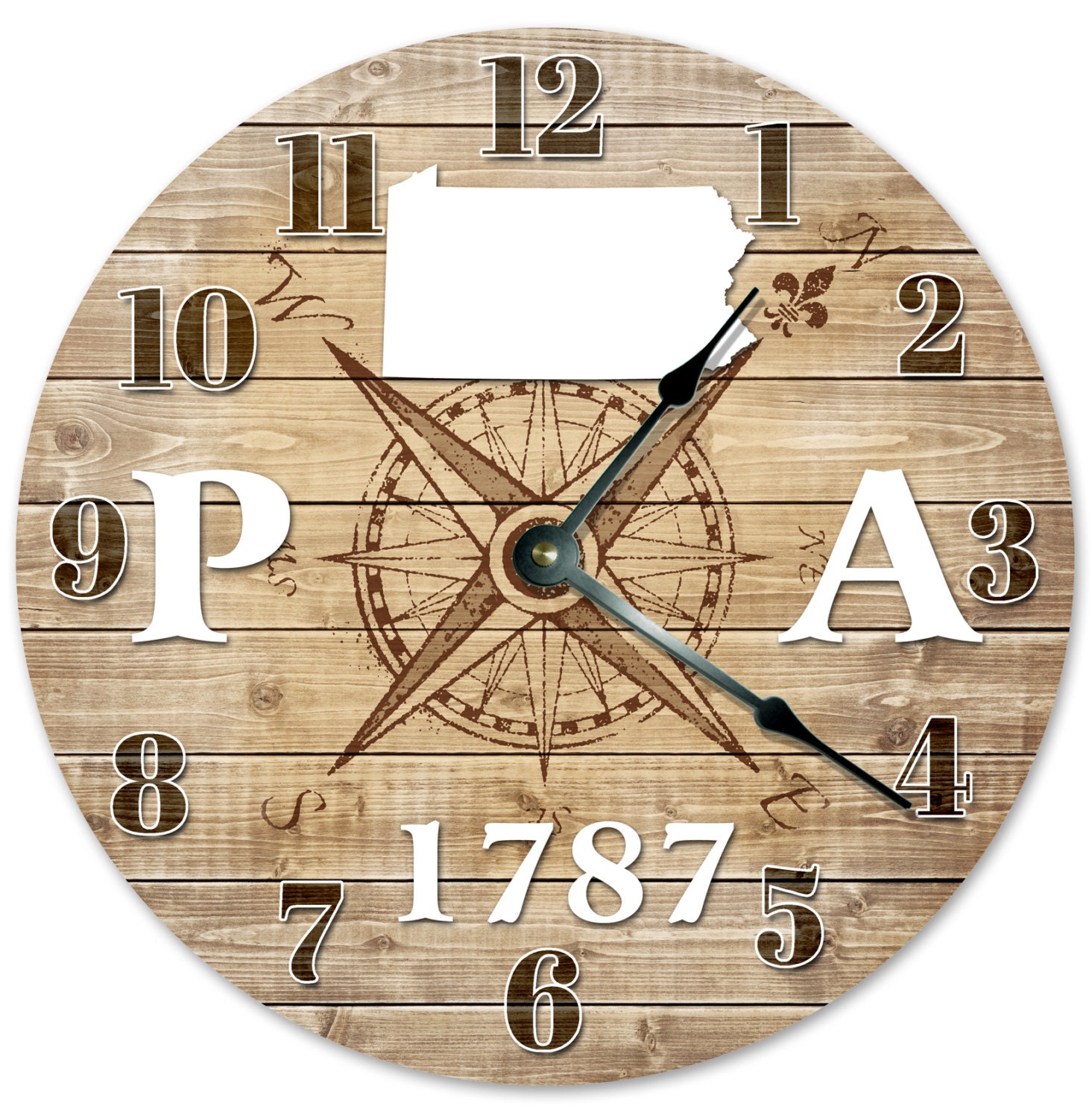 PENNSYLVANIA Established in 1787 Compass Map Clock Large
