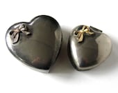 Pair of vintage silver heart shaped jewelry boxes, Gold bows, gift box, trinket box, Valentine's gift
