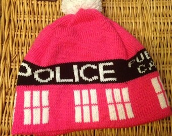 Pink Police Box Pom Pom Beanie Hat - Small