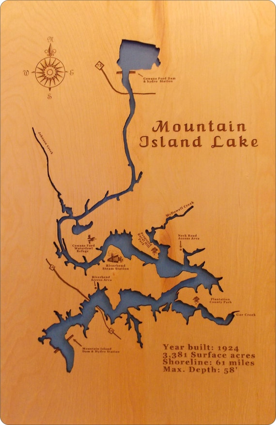 Items similar to Wood Laser Cut Map of Mountain Island Lake, NC Topographical Engraved Map on Etsy