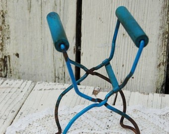 Rustic bright blue canning jar lift. Canning tool. Vintage canning jar lifter. Farmhouse decor