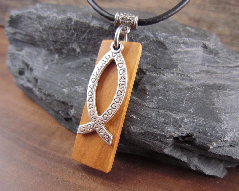 Christian Fish Necklace Olive Wood Jesus Fish Pendant On