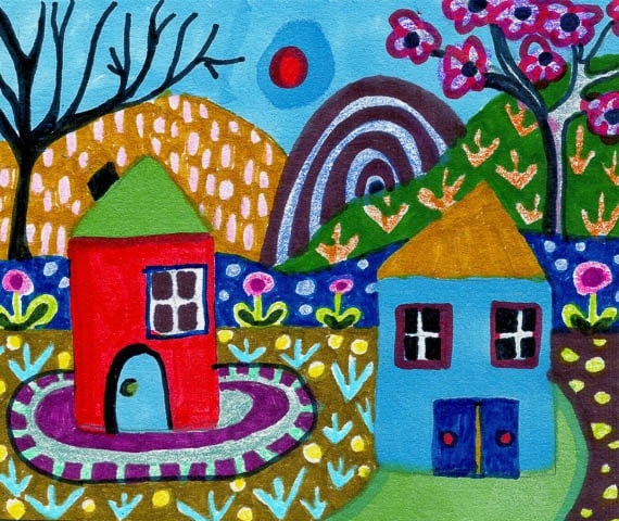 Folk Art Houses Whimsical Landscape Print Children's