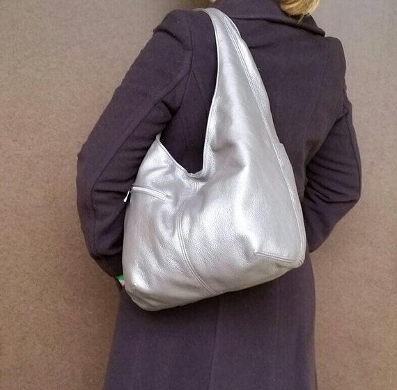 Metallic Slouchy Hobo Leather Purse with Pockets Silver