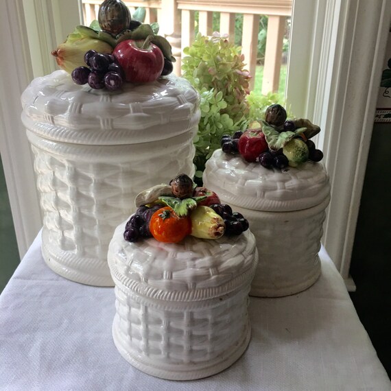 Set of 3 Kitchen Canisters with Fruit Majolica