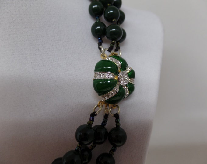 VOGUE BIJOUX Signed Vintage Triple Strand Green Beaded Necklace