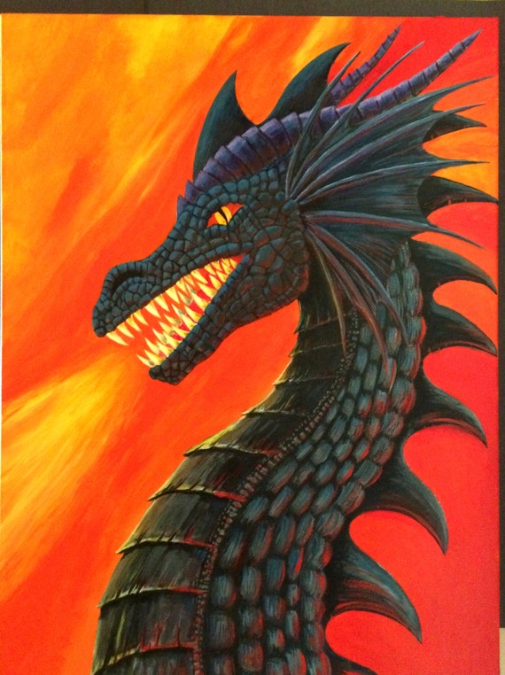 Dragon Art Fantasy Black Dragon Orange Fire Giclee