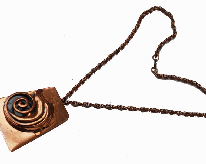 Copper Mid Century Modern Leaf Swirl Pendant and Copper chain Necklace