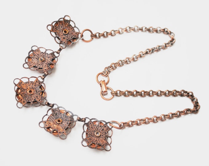 Copper Goldstone Necklace -Mid Century - Confetti Lucite - Link Necklace