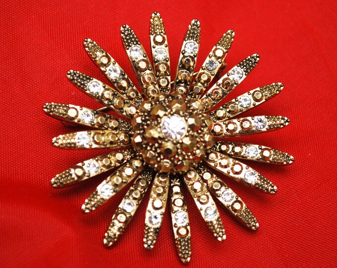 Gold Rhinestone Flower Brooch Mid Century Atomic Pin