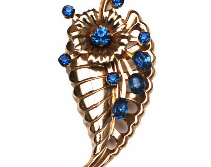 Blue Rhinestone Flower Brooch gold pin