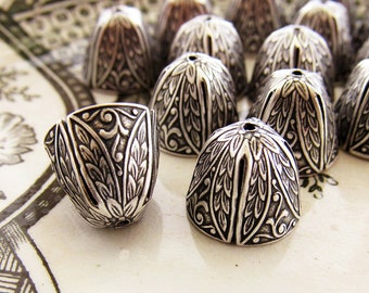 Ornate Large Antiqued Silver OX Art Nouveau Victorian Bead Caps Cone Floral Leaf Embossed Tassel Ends - 4