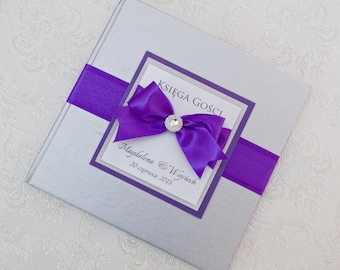 Wedding Guest Book - Personalized - silver and purple