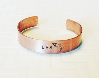 Hand Stamped Personalized Mens Copper Bracelet Boy Husband Dad Fishing