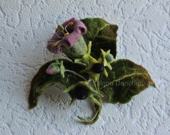 Belladonna Felt Brooch Felted Flower Pink Green Wool Flower Brooch