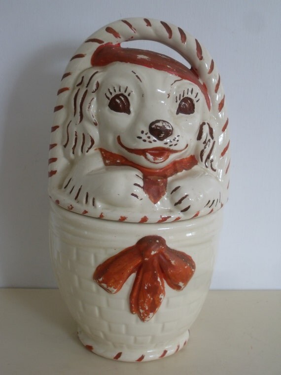 Vintage Ceramic Cookie JarCute Puppy/ Dog in a Basket