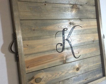 23 x 23 large oversized monogram ottoman tray, wood ottoman tray, large tray, rustic ottoman tray, blue pine tray.