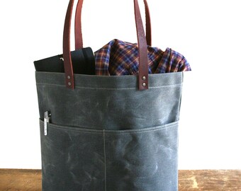 Gray Waxed Canvas Tote Bag with Leather Straps and Two Front Pockets