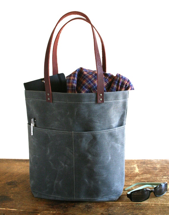 Gray Waxed Canvas Tote Bag with Leather Straps and Two Front