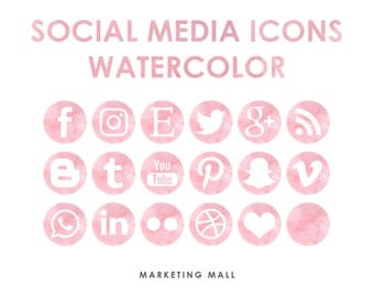 Pink Watercolor Social Media Icons, Social Media Buttons, Pink Social Icons, Blog Icons, Website Branding, Blog Buttons, Watercolor Icons