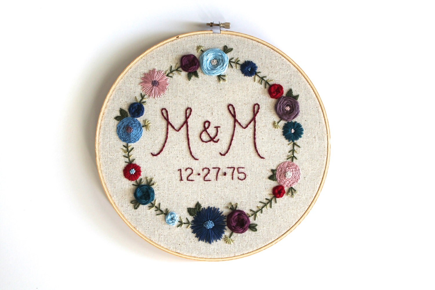 Custom Initial and Anniversary Date Embroidery Hoop.