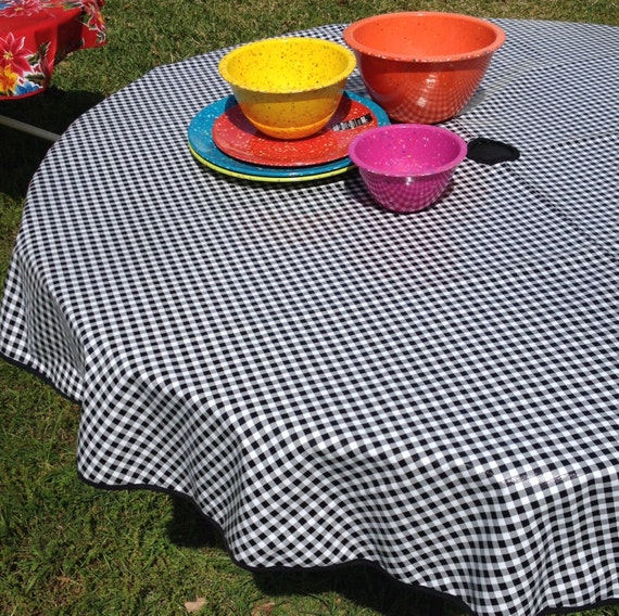 60 Oil Cloth Tablecloth Round BLACK Gingham WITH Hole