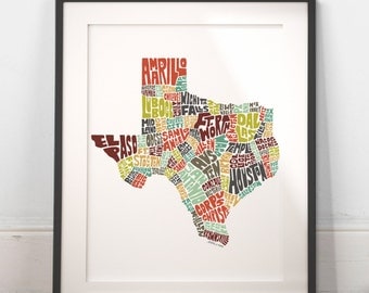 Texas map art, Texas art print, Texas typography map, map of Texas, Texas cities city map, state of Texas, choose color & size