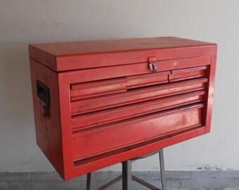 Vintage Tool Box Industrial Red Metal Storage Mechanics Chest Many Drawers Compartments