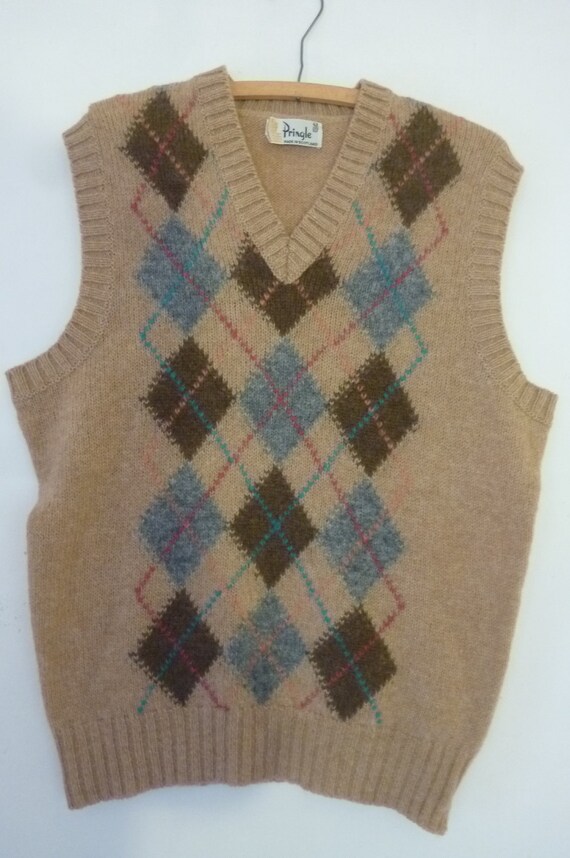 1970s Men's Sweater Vest 100% Wool Preppy Argyle by