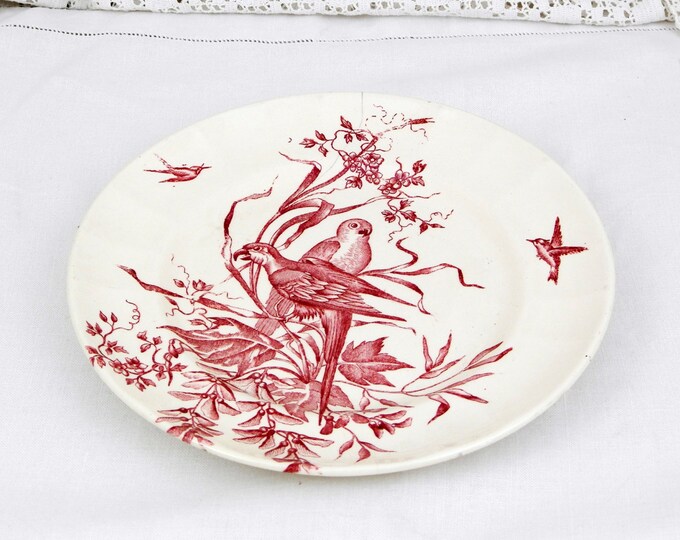 Antique French Ironware Longchamp China Wall Plate with a Burgundy Red 2 Parrots Pattern, Vintage Retro Chateau Chic, French Country Decor Antique French Ironware Longchamp China Wall Plate with a Burgundy Red 2 Parrots Pattern, Vintage Retro Chateau Chic, French Country Decor
