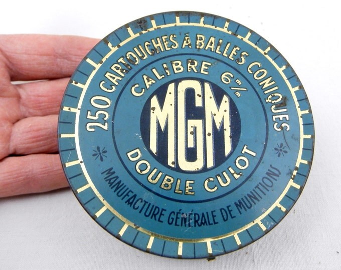 Antique French Metal Tin, Blue with Gold Lettering MGM Rifle Lead Shot, Retro Vintage Home Decor, Country, Brocante, Pellets, Industrial Antique French Metal Tin, Blue with Gold Lettering MGM Rifle Lead Shot, Retro Vintage Home Decor, Country, Brocante, Pellets, Industrial