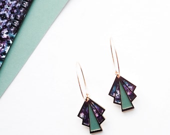 Rose Gold Hoop Dangle Earrings - Geometric Art Deco Earrings , Laser Cut Wood & Rose Gold Geometric Jewellery, Gifts For Women