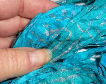 10 Yards, Sari Silk Ribbon,Block Print, Silver Printing, Ocean Treasure, Fair Trade from India