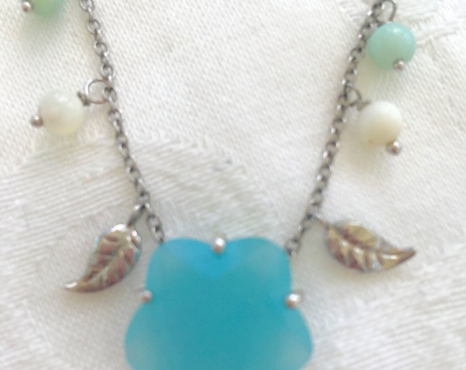 Chalcedony Necklace, Moonstone Aquamarine, Glass Stones, Beach Wedding Bride