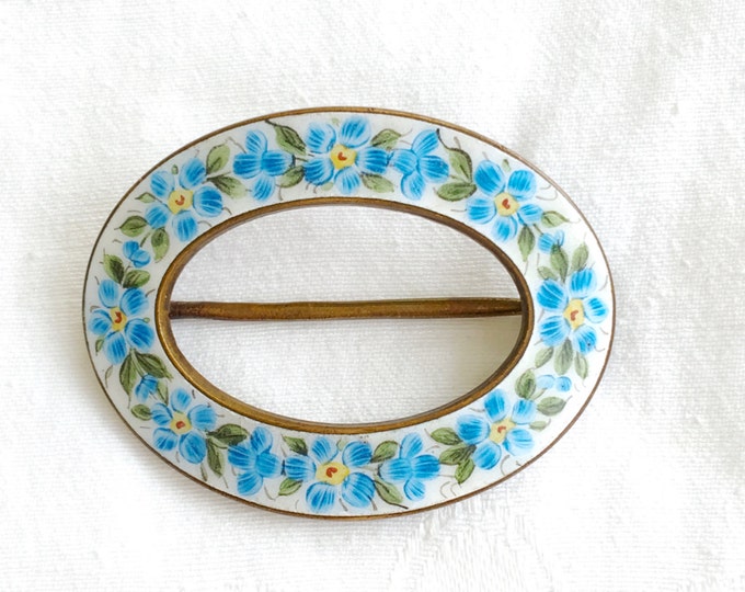 Vintage Enamel Brooch, Forget-Me-Not Flowers, Blue and White Sash Pin, Forget-Me-Not Jewelry