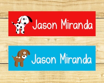 80 Custom Clothing Labels Iron on Labels Personalized Iron on Clothes Tags Daycare Name Labels School Camps - Uncut - Boy Dogs