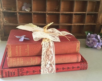 Books vintage very old rustic shades of red x 3 display bundle