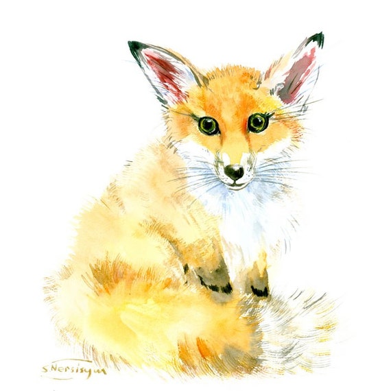 Baby Fox Art original watercolor painting nursery art wildlife