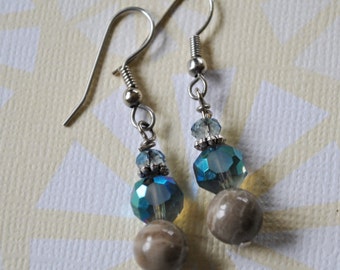 Lake Michigan Petoskey stone nugget earrings with blue crystals, Up North