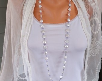 Freshwater Pearl Swarovski Crystal Necklace Hand Knotted White Coin Pearls Lavender Swarovski Crystals Boho Stye by LizzieTishBoutique