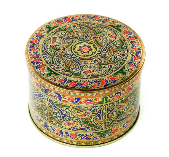 Beautiful Vintage Round Metal Tin Container Made in England