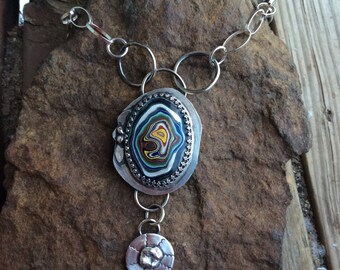 Sterling and Fordite Necklace Handmade Silver