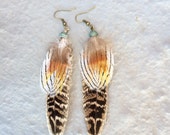 Feather Earrings with brass beads, brown, red, beige, cream, tribal earrings, natural shedded cruelty free feathers