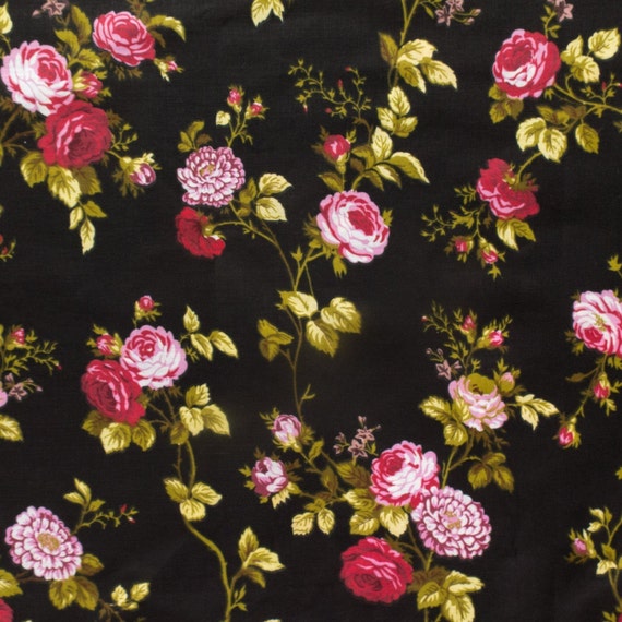 Items Similar To Roses Design Fabric - Black Roses Print Poly Cotton 