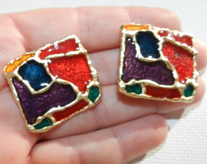 Multicolored Painted Button Earrings, Abstract Mod Earrings, Vintage Jewelry, 90s Couture Jewelry, Costume Jewelry