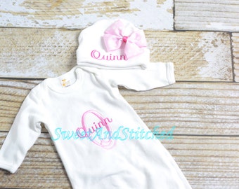 Monogrammed newborn gown or bodysuit, baby girl take home hospital outfit personalized in pink, newborn hat pink, monogram baby girl outfit